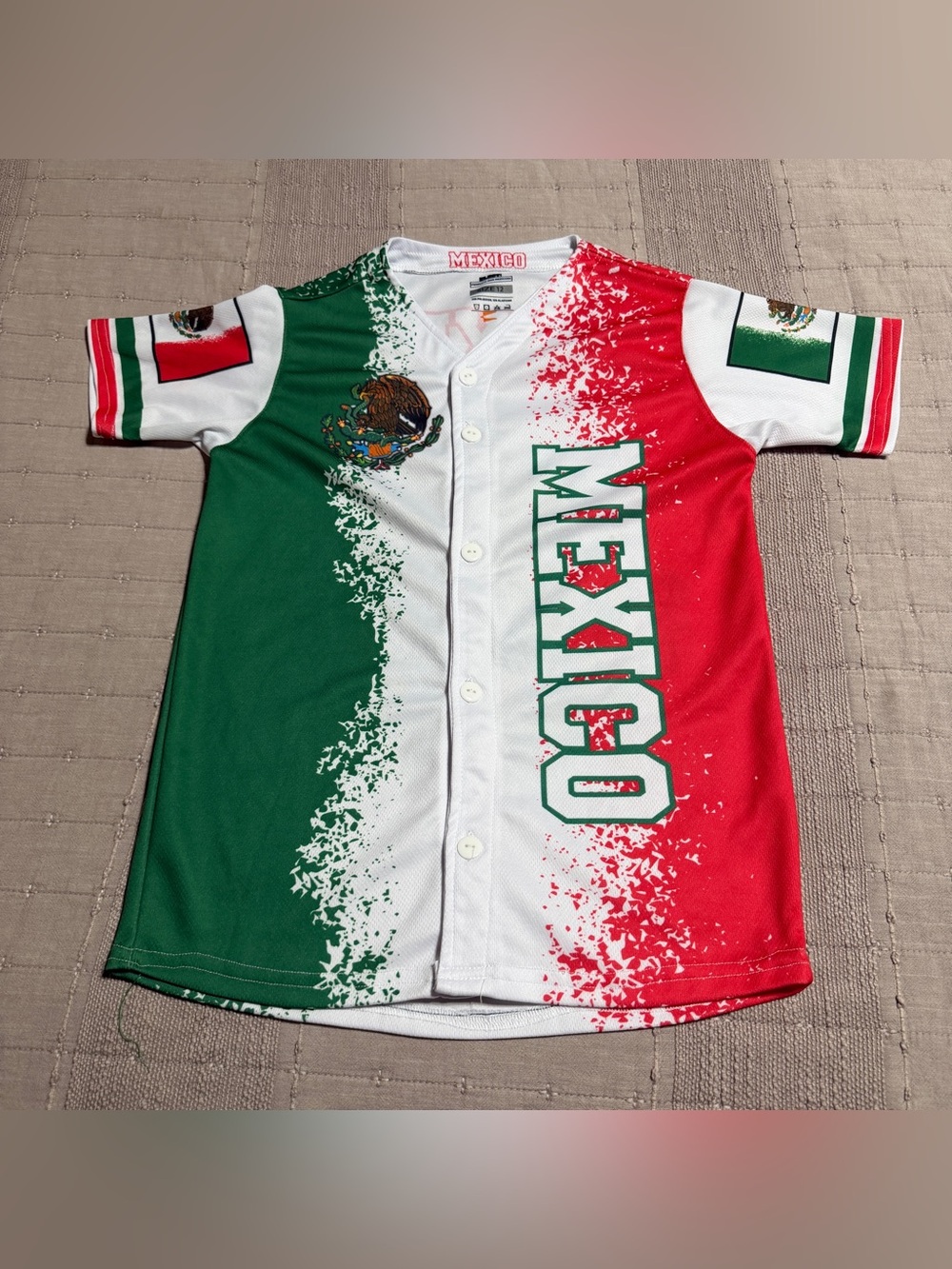 Mexico Team Button-Up Baseball Jersey Green White Red Size Boy’s 12